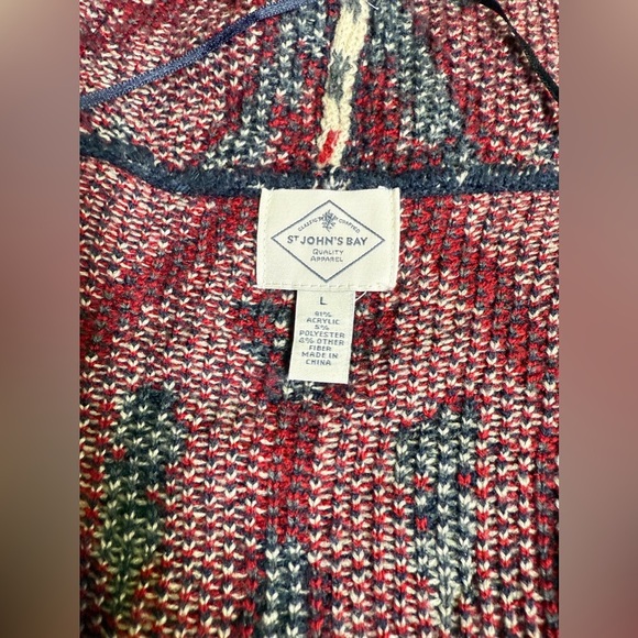 ST. JOHN’S BAY Beige gray red IKAT knit waterfall collar cardigan size L - Picture 9 of 13